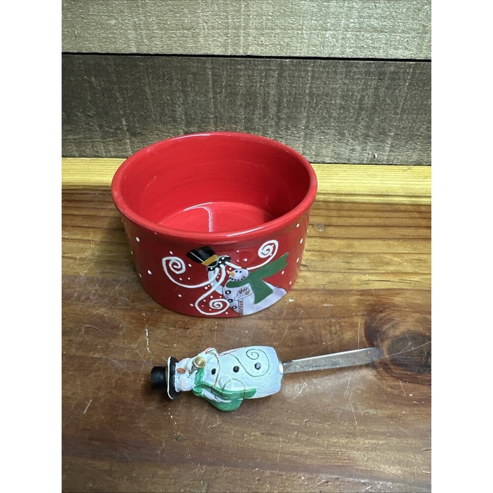 Snowman Snack Dip Bowl Dish And Knife Spreader In Box
